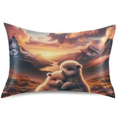 Imagem de Adoráveis ursos polares montanha pôr do sol almofada almofada refrescante almofadas padrão king queen capas de cama impressas decoração de casa, tamanho king, 101,6 cm x 50,8 cm