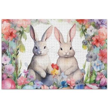 Imagem de Quebra-cabeças Coelhinhos da Páscoa em Moldura Floral com Flores 500 Peças para Adultos Pintura Fine Art Prime Puzzles Divertidos Bobos