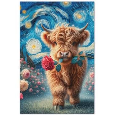 Imagem de Quebra-cabeças personalizados para adultos Noite Estrelada Vaca Highland Rose 1000 Peças Quebra-cabeça Família Amantes Presentes Quebra-cabeça Rígido Arte Pintura de Paisagem, 75 x 40 cm