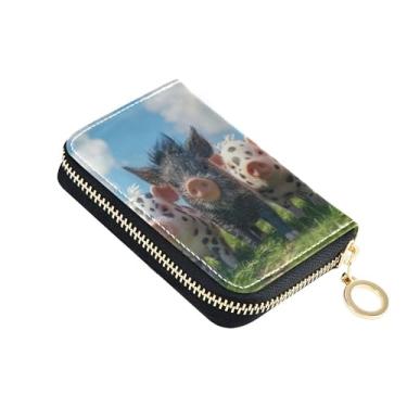 Imagem de Carteira feminina de couro, porta-cartão de crédito, bloqueio de RFID, zíper ao redor, carteira de viagem com zíper, porco, porco, preto e branco