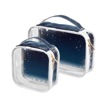 Imagem de GAIGEO Pacote com 2 sacos de maquiagem transparentes com estampa de folha, bolsa de viagem de plástico transparente, bolsas de viagem para viagens aéreas, Neve azul com árvore de Natal e flocos de