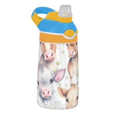 Imagem de Garrafa de água infantil colorida de animais brancos para escola, 473 ml Tritan 473 ml, garrafa de água esportiva com canudo, copo infantil portátil à prova de vazamento, alça de transporte