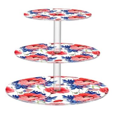 Imagem de Suporte de cupcake de 3 camadas para festa de aniversário, copo de acrílico, torre de bolo, papoulas vermelhas, folhas azuis, bandeja de servir branca, mesa de deserto, exibição de bolo, comida e