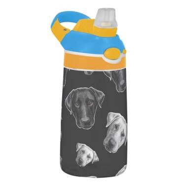 Imagem de Garrafa de água infantil Tritan de 473 ml com tampa de palha, garrafa de água esportiva reutilizável de 473 ml, copo infantil portátil à prova de vazamento, alça de transporte, cão retriever preto e