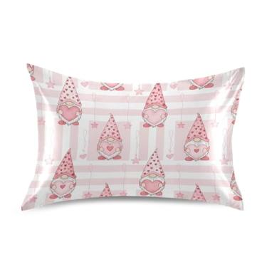 Imagem de Wassud Fronha de cetim xadrez para o dia dos namorados com corações de gnomo para cabelo e pele fronhas de seda lisa tamanho padrão capas de travesseiro respiráveis com fecho de envelope