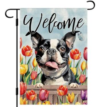 Imagem de DLZDN Bandeira de jardim de cachorro primavera Boston Terrier bandeira floral 30,5 x 45,7 cm dupla face vertical serapilheira sinal de quintal decoração sazonal ao ar livre