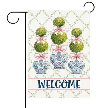 Imagem de Terkki Chinoiserie Topiary Bandeira decorativa de jardim de boas-vindas, porcelana azul e branca botânica pequenas decorações externas, arco rosa coquete planta serapilheira exterior decoração de casa