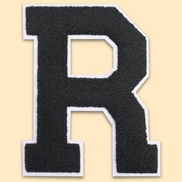 Imagem de QianSiLi Adesivos de letras universitárias de chenille preto de 11 cm, letras grandes para jaquetas Letterman, moletons com capuz, mochilas, coletes, roupas, adesivos individuais da letra R