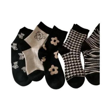 Imagem de Meias Femininas De Cano Médio Com Estampa De Urso E Floral, 5 Pares, R
