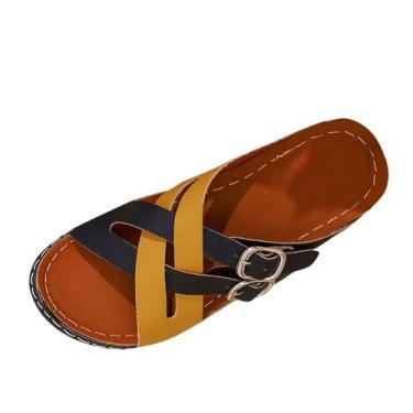 Imagem de Sandálias femininas de praia com salto cunha combinando cores elegantes e confortáveis para o verão, Amarelo, 34