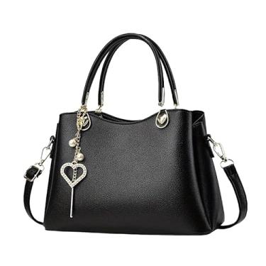 Imagem de Bolsa de Mão Feminina Elegante, Couro Sintético Preto, Alça Transversal Removível, Pingente de Coração com Cristais (preto)