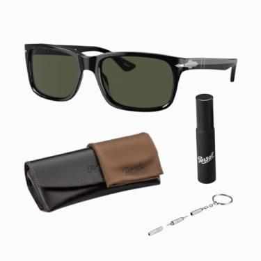 Imagem de Persol Óculos de sol retangulares PO3048S com kit oficial de óculos, Armação preta | Lente verde, 58mm