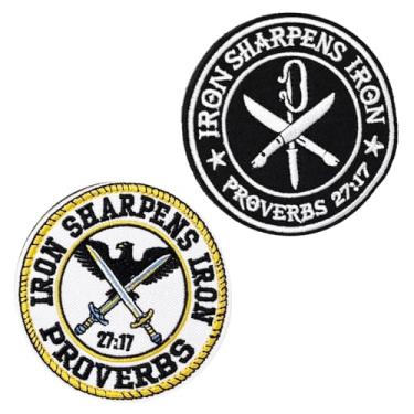 Imagem de 2 peças de ferro afia provérbios de ferro 27:17 patch divertido bordado gancho e laço emblema bíblia cristã aplique acessórios religiosos adesivos rotundity para roupas, jaqueta, chapéus, camiseta