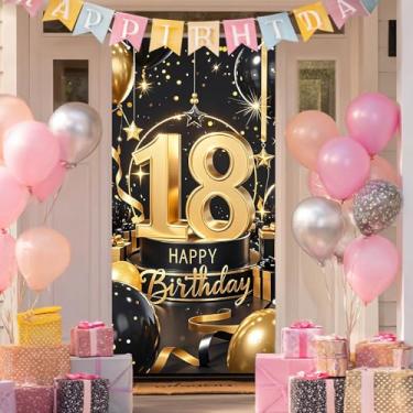 Imagem de BlissYard Capa de porta de aniversário de 18 anos 188 x 89 cm dourada e preta para decoração de festa, balões estrelados, bolo, pano de fundo, sinal para homens e mulheres, decoração de parede