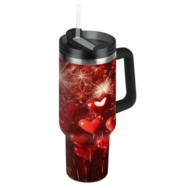 Imagem de Blueangle Copo de fogo de artifício coração de 1,134 g com alça e tampa de palha, caneca de viagem de aço inoxidável isolada a vácuo de parede dupla, garrafa de água reutilizável para academia de