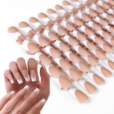 Imagem de 5 pacotes de unhas de pressão longa, unhas postiças foscas pré-projetadas, dicas de arte de unhas francesas brancas para salão de beleza, presentes diários para mulheres e meninas com abas adesivas