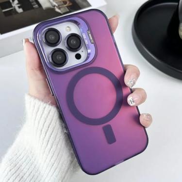 Imagem de IRTGFG Capa magnética com lente de vidro e suporte de metal para iPhone 16 Pro (roxo)