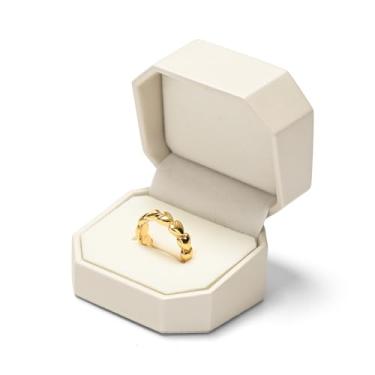 Imagem de Woodten Anel de joias octogonal de couro PU caixa de presente bege pequena caixa de anel de noivado