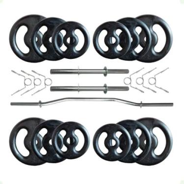 Imagem de Kit 40 Kg de Anilhas Ferro Fundido + 02 Barras de 40cm + Barra W - 2M 