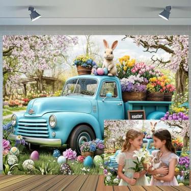 Imagem de Ptrxobj Pano de fundo de primavera Páscoa vintage caminhão azul jardim de Páscoa ovos coloridos coelho floral fotografia fundo festa festival celebração banner cabine de fotos adereços 25 x 20 m