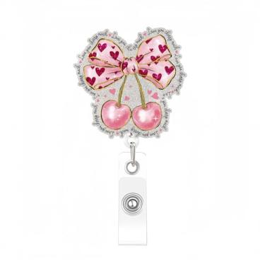 Imagem de Carretel de crachá de cereja com laço rosa doce dia dos namorados amor coração porta-crachá com clipe jacaré retrátil acrílico suporte de cartão de nome de enfermeira para enfermeira, médico