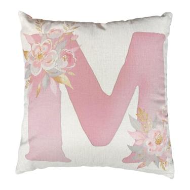 Imagem de Capas de almofada rosa do alfabeto, capas de almofada com monograma floral rosa, 45,7 x 45,7 cm, lindas capas de almofada decorativas com letras quadradas do alfabeto para sofá, quarto, carro, cadeira