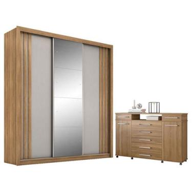 Imagem de Cômoda London e Guarda Roupa Casal Moema Amêndola Nude Flex com Espelh