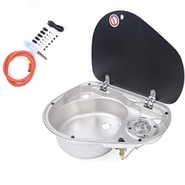 Imagem de Combinação de pia de fogão a gás RV com torneira e tampa, fogão a gás de pia de campista 2 queimadores GLP Cooktop barco caravana Fogão de acampamento inoxidável Pia de cozinha externa RV Fogão de pia