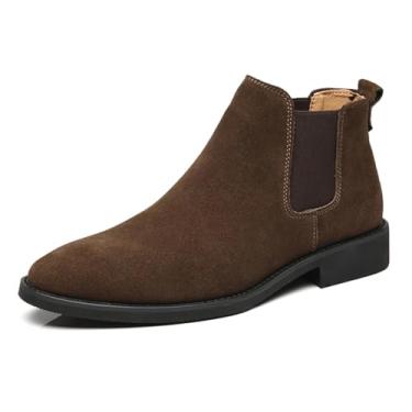 Imagem de Chelsea Botas masculinas casuais confortáveis sem cadarço, botas masculinas de camurça, Chelsea, botas masculinas de bico fino, botas sociais de couro PU, Marrom, 9