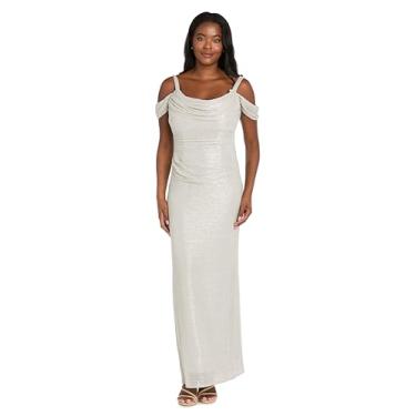 Imagem de Elegante vestido longo enrugado ombro vazado com decote drapeado drapeado e alças enfeitadas com strass, Champanhe, 40