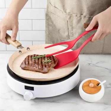 Imagem de Pinça de espátula 2 em 1 para cozinhar – Ferramenta de cozinha resistente ao calor para virar e pegar alimentos, espátula de nylon antiarranhões com pinças embutidas, ideal para ovos, panquecas, bifes