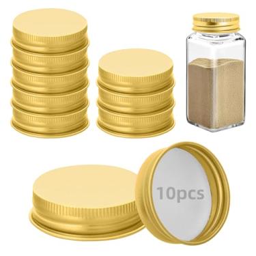 Imagem de 10 tampas de pote de ferro para potes quadrados de 113 g e 170 g reutilizáveis latas herméticas de armazenamento de especiarias para cozinha de vedação agradável (dourada)