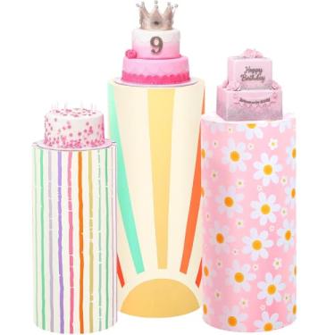 Imagem de Mindsoft Conjunto de 3 capas de suporte cilíndrico de elastano para festas, capas de pedestal de cilindro flexível, mesas de sobremesa para decoração de festa de aniversário, casamento, chá de bebê