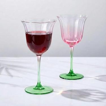 Imagem de Khen Conjunto de 2 taças de vinho Blossom Pink Tulip, copos de coquetel de cristal colorido soprado à mão com design inspirado em flores rosa e verde elegantes para entreter decoração de primavera e