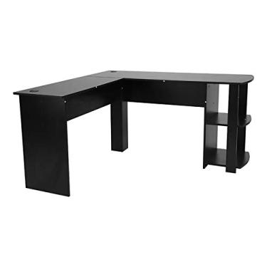 Imagem de Mesa de computador de canto em forma de L Mesa de canto em L, mesa de estudo com dois compartimentos Mesa arrumada dupla preta moderna, mesa de trabalho com aglomerado de partículas Mesa de computador