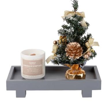 Imagem de Bandeja decorativa com pedestal pequeno, decoração de banheiro de fazenda, suporte de exibição de madeira para penteadeira, bancada de cozinha, pia, 24 x 12 cm, cinza