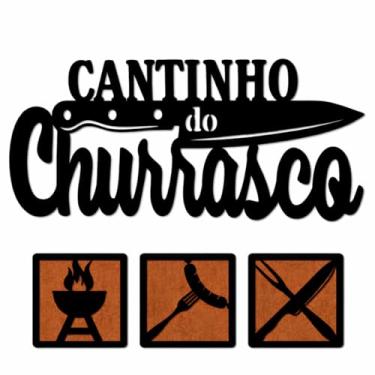 Imagem de Kit Placa Decorativa Cantinho do Churrasco em MDF com 3 Quadros 15x15cm, Preto e Amadeirado, 50x30cm, para Área Gourmet e Churrasqueira