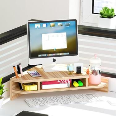 Imagem de ZDJZMGZ Suporte de monitor de canto para monitor de canto de mesa com armazenamento, suporte de tela triangular de 2 camadas com slot para caneta e suporte de copo, organizador de suprimentos de mesa