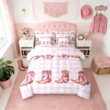 Imagem de Erosebridal Conjunto de cama solteiro de 7 peças com botas e laços, rosa vaqueira ocidental rosa em uma bolsa, conjunto de edredom de princesa com laço moderno com lençóis, conjunto de cama xadrez de