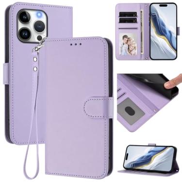 Imagem de Capa carteira para iPhone 13 Pro Max, capa fina de couro com compartimentos para cartões, alça de pulso e suporte, capa protetora à prova de choque para homens e mulheres (roxo claro)