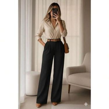 Imagem de Conjunto Elegância Executiva Calça Pantalona Camisa Social Listrada lo