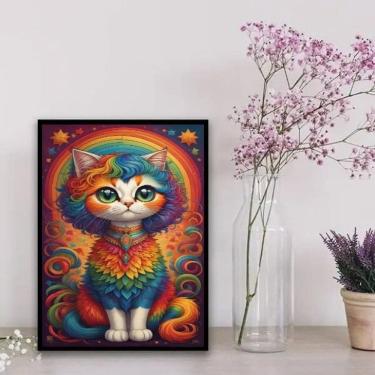 Imagem de Quadro Decorativo Gatinha Colorida 45x34cm - Madeira Branca