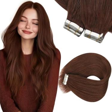 Imagem de Sunny Hair Extensões de cabelo humano com fita adesiva, 45,7 cm, 40 peças, fita de cabelo humano castanho-avermelhado em extensões, fita invisível Remy, extensões de cabelo humano liso