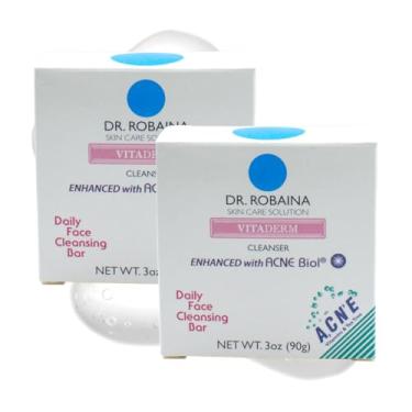 Imagem de Dr. Robaina VITADERM Barra de limpeza facial diária para redução da acne e pele sensível calmante, limpador suave com vitaminas e árvore do chá, adequado para peles propensas a acne, feito nos EUA, 85