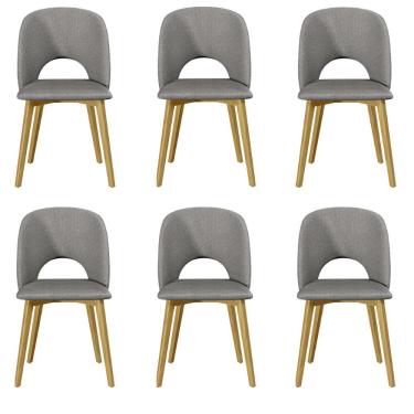 Imagem de Kit 6 Cadeiras Decorativas Sala de Jantar Madeira Maciça Hadassa Linho Cinza/Freijó - Gran Belo