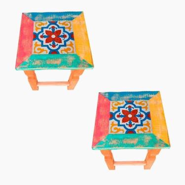 Imagem de Kit 2 Banquinho Colorido Madeira Maciça Com Ladrilho Cor Colorido
