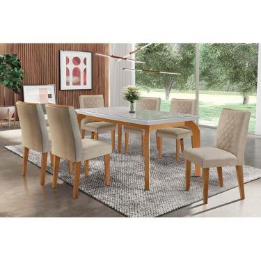 Imagem de Conjunto: Mesa Sala Jantar Londrina Tampo Madeirado c/ Vidro 180x90cm e 6 Cadeiras Jade Imbuia/Linho Turim - Rufato