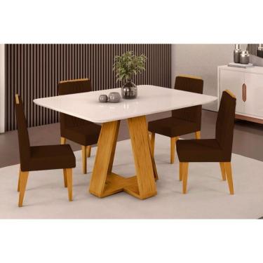 Imagem de Sala De Jantar Completa Celeste Tampo Madeirado C- Vidro Curvo 120x90cm E 4 Cadeiras Lia Cedro-off White - Suede Moca - Dj Móveis