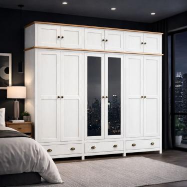 Imagem de Guarda Roupa Madeira Maciça Bipartido 12 Portas c/ Espelhos