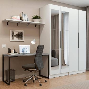 Imagem de Conjunto Home Office 2 Armários com Espelhos Neo 1 Escrivaninha 2 Prateleiras Branco Ma...